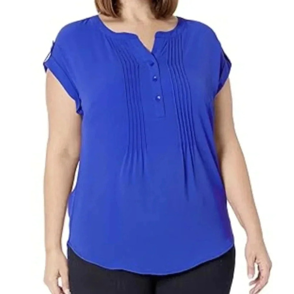 Woman Within Tops - Woman Within Pleated Button 4X Short Sleeve Shirt Top Royal Blue